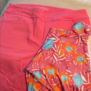 Pink golf shorts and floral polyester spandex 1/4 zip top